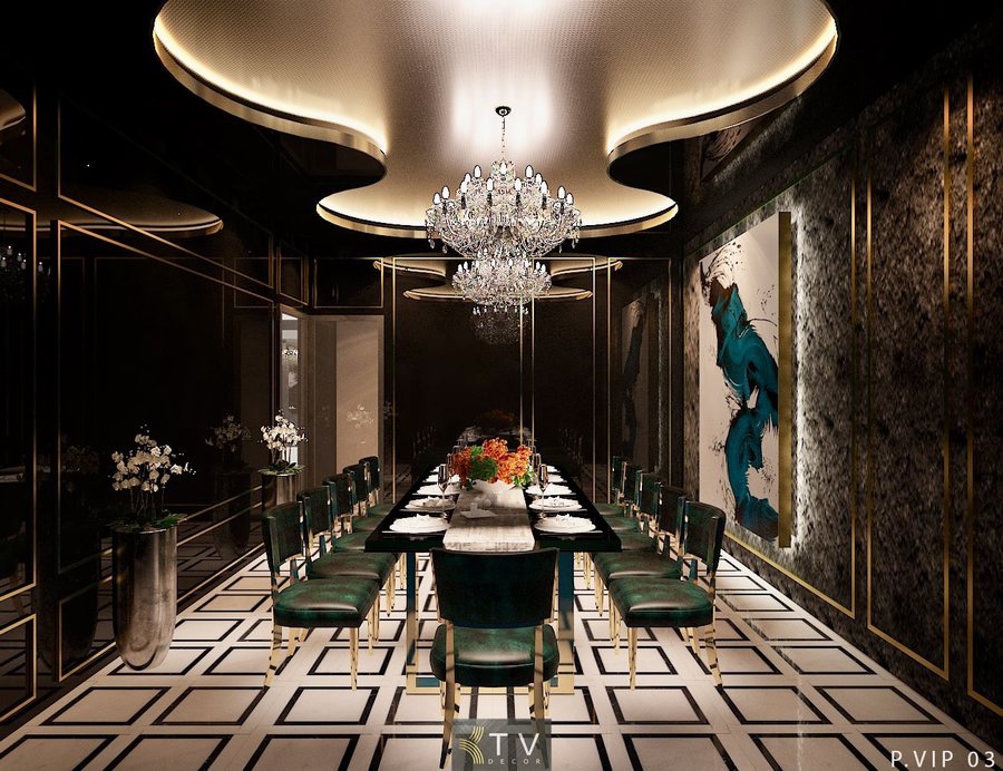 Phòng VIP nhà hàng sang trọng với trần bo cong, đèn pha lê và nội thất cao cấp màu xanh lục – vàng đồng. Thiết kế thi công trọn gói bởi KTV GROUP.