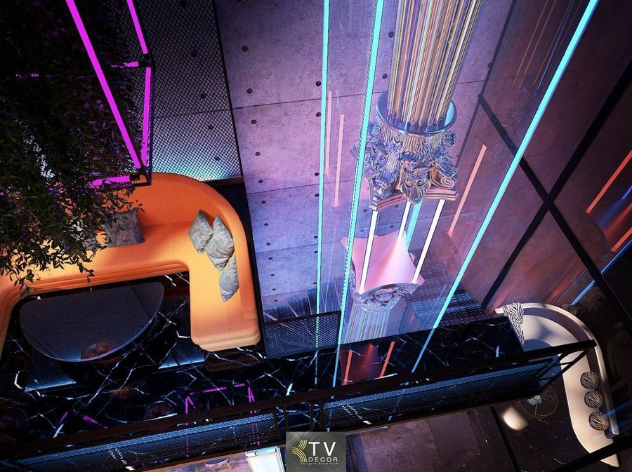 Không gian nội thất mang phong cách Futuristic Luxury với các đường LED xanh – tím chạy dọc tạo hiệu ứng thị giác mạnh. Chất liệu bê tông, kim loại và kính được kết hợp tinh tế, 