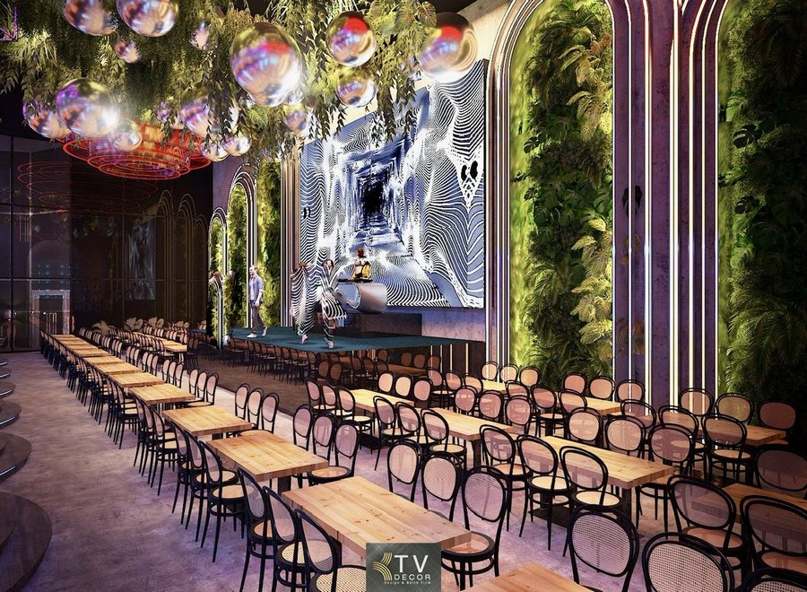 Thiết kế không gian Beer Garden hiện đại với sân khấu LED lớn  Nội thất nhà hàng Beer Garden phong cách giải trí  Sân khấu trung tâm Beer Garden với màn hình LED hiệu ứng 3D 