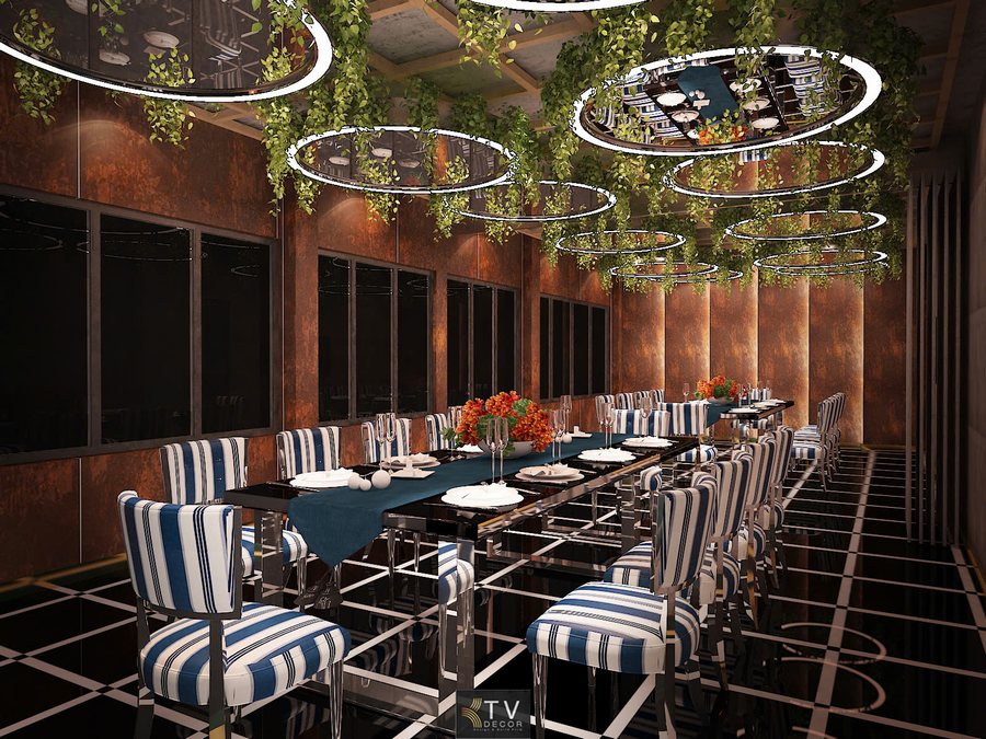 Thiết kế thi công phòng VIP nhà hàng phong cách Modern Luxury Green với trần cây xanh, đèn vòng LED nghệ thuật và nội thất ghế sọc cao cấp