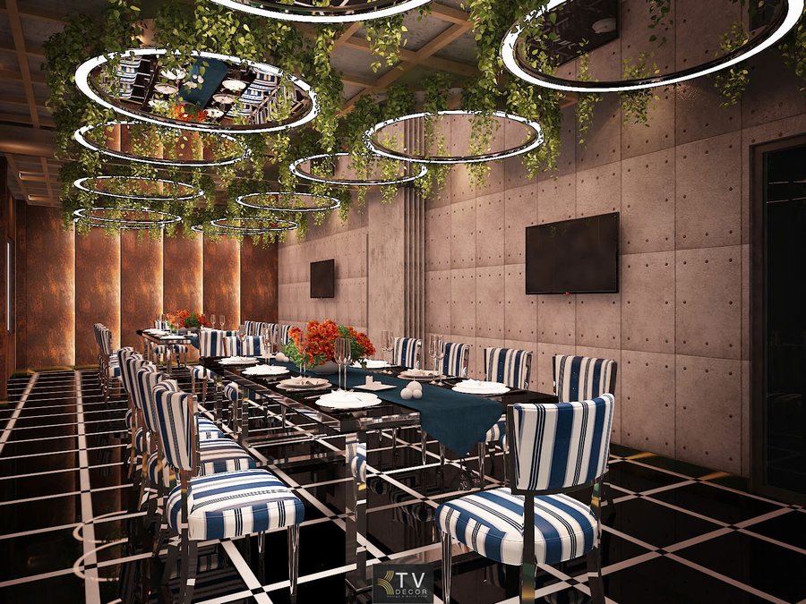 Giải pháp thiết kế phòng VIP nhà hàng hiện đại với bàn dài, ghế họa tiết sang trọng và hệ trần xanh kết hợp vòng sáng LED độc đáo