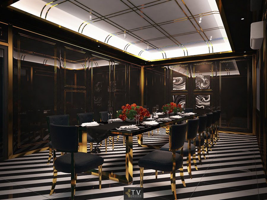 Giải pháp thiết kế thi công phòng VIP nhà hàng sang trọng theo concept Luxury Black & Gold – tạo không gian riêng đẳng cấp, thu hút khách và gia tăng doanh thu. 