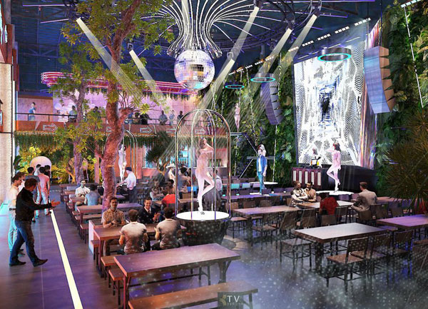 Sân khấu chính Beer Garden Thiết kế ánh sáng động trần cao và không gian mở