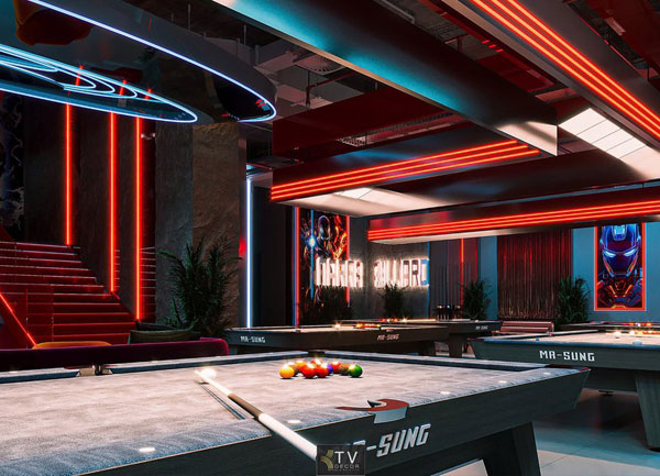 Thiết Kế Club Billiard BiDa Hiện Đại Với Hiệu Ứng Ánh Sáng Neon Ấn Tượng