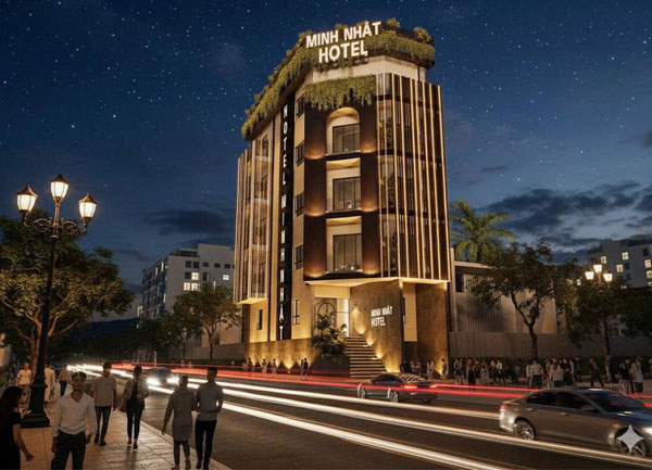 Phối Cảnh Mặt Tiền Khách Sạn Tình Yêu Minh Nhật 1000m² – Đèn Vàng Lộng Lẫy