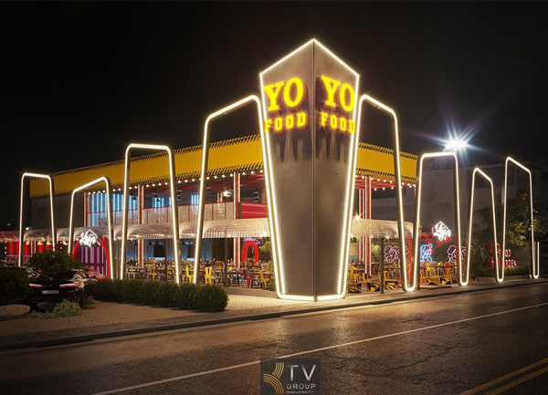 Thiết kế ngoại thất mặt tiền nhà hàng Garden – Kiến trúc ánh sáng hiện đại