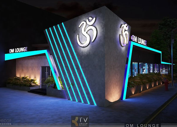 Thiết kế ngoại thất mặt tiền OM Lounge với ánh sáng LED