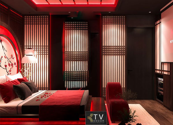 Thiết kế thi công phòng khách sạn chủ đề tình yêu phong cách Á Đông