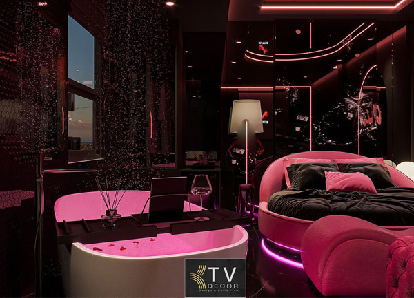 Thiết Kế Thi Công Nội Thất Phòng Khách Sạn Tình Yêu Tông Hồng Đen Sang Trọng