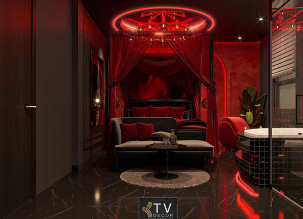 Thiết Kế Phòng Khách Sạn Tình Yêu Luxury Romantic Với Ánh Đỏ Quyến Rũ