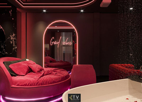 Thiết kế thi công nội thất phòng khách sạn chủ đề tình yêu ánh sáng neon sắc đỏ nổi bật