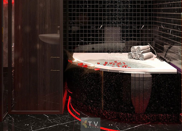 Thiết Kế Phòng Tắm Khách Sạn Tình Yêu Bồn Tắm Góc Thư Giãn Ánh Đỏ Gợi Cảm