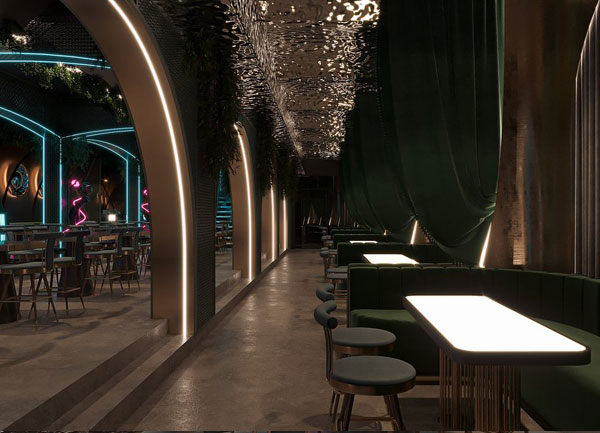 Thiết kế Không Gian Nhà Hàng Lounge Với Rèm Nhung Xanh, Trần